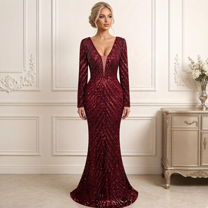 Abito da sera in <span class=keywords><strong>Chiffon</strong></span> rosso lungo fino al pavimento per donne di fascia alta con Silhouette a coda di pesce lucida a maniche lunghe - Product Image 1
