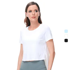 Оптовая продажа удлиненная женская одежда для йоги, спортивный топ, летние женские спортивные футболки с круглым вырезом, укороченный топ