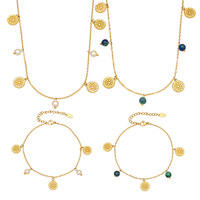 Ensemble collier et bracelet de cheville vintage en pierre naturelle multi-pendentifs, unisexe, en acier inoxydable plaqué or 18 carats, bijoux de mode en gros