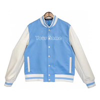 Jaket bisbol universitas Pria, jaket berkancing Vintage biru Royal/putih kecil profesional untuk pria