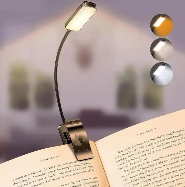 Luz LED recarregável para leitura em cama, olhos, temperaturas de cor, brilho de escurecimento sem degrau