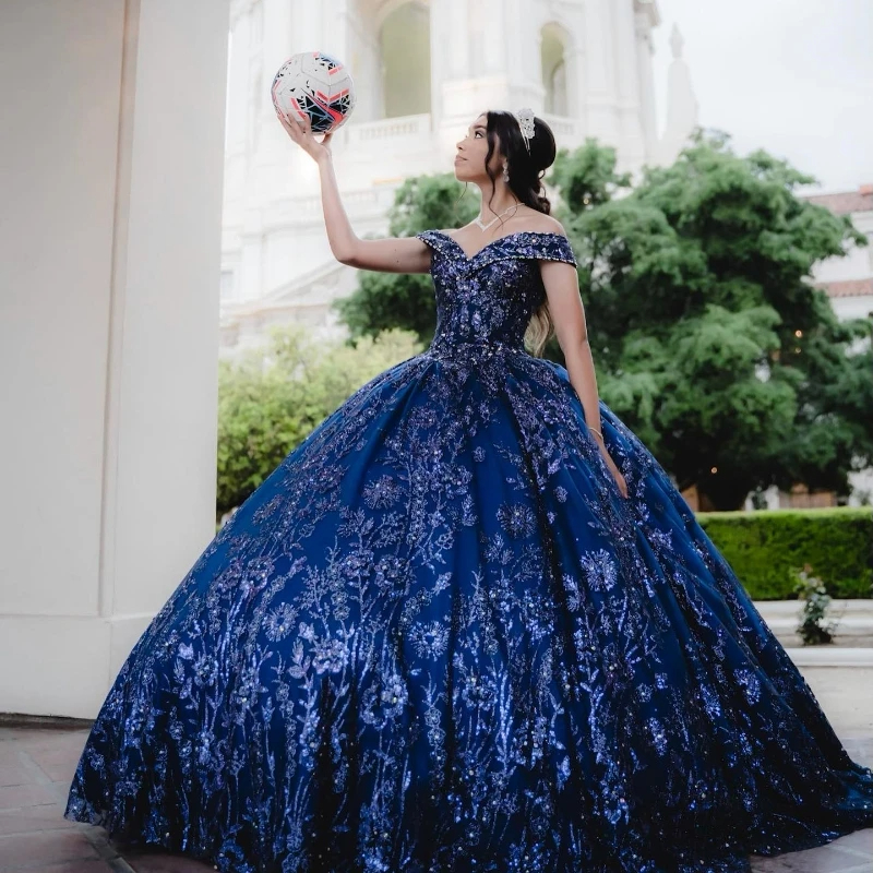 Mumuleo Sparkly Navy Blue Shiny off Shoulder Quinceanera Dresses Mumuleo Sparkly Navy Blue Shiny off Shoulder Quinceanera Dresses