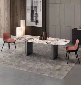 Modern luxe Italiaans design meubilair hoogglans roestvrijstalen metalen grote eettafel sets met rotsplaat blad - Product Image 3