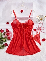 KISS ME ANGEL nouvelle maille rouge à la mode col en V profond voir à travers la dentelle arc sexy belles filles nuisette nuisette lingerie
