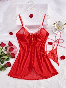 KISS ME ANGEL nueva moda malla roja cuello en V profundo ver a través <span class=keywords><strong>de</strong></span> lazo <span class=keywords><strong>de</strong></span> encaje sexy chicas encantadoras camisón babydoll Lencería - Product Image 2
