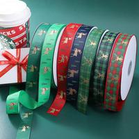Ruban gros-grain de Noël en gros, ruban imprimé à carreaux avec rennes dorés pour emballage cadeau et décoration
