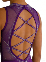 Justaucorps de gymnastique pour enfants à dos découpé orné de strass scintillants, 100 % nylon, violet, tenue d'entraînement