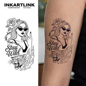 INKARTLINK Autocollant de <span class=keywords><strong>tatouage</strong></span> 'Stay Wild' style flash traditionnel américain, motifs Léopard, Rose, Girl Power, à base de plantes premium, tenue 15 jours, fournitures en vrac - Product Image 2