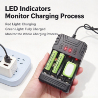 Chargeur de piles rechargeables indépendant à quatre emplacements AA/AAA/9V, entrée 100-240V, sortie 1.2V-800mA, arrêt automatique, pour appareil photo et microphone
