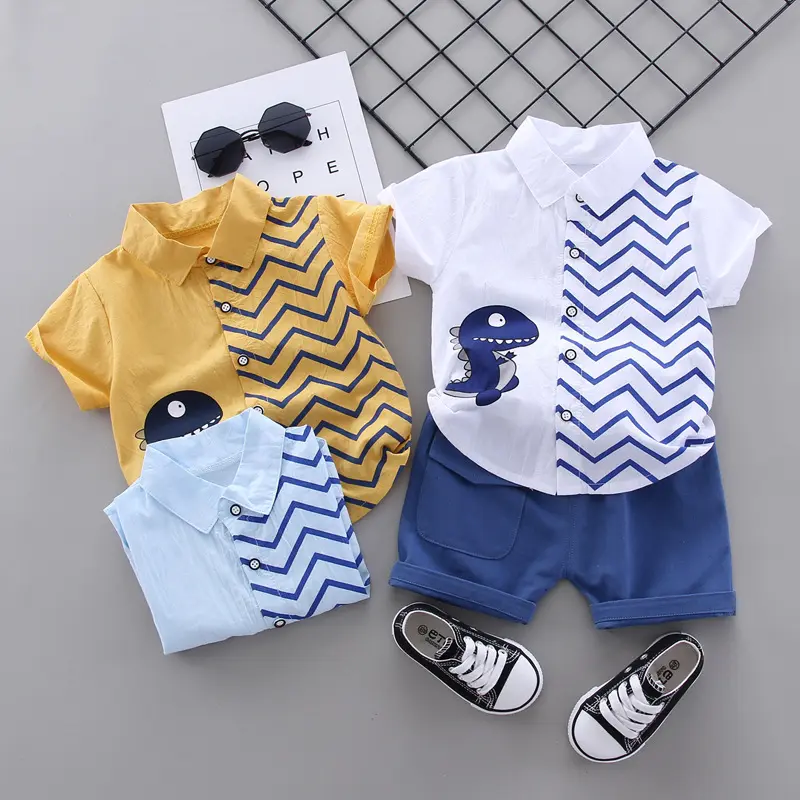 Conjunto de dos piezas de verano para niños, camisas lavadas, 100% de algodón, camisetas de monstruo pequeño, conjunto de dos piezas con top y pantalones cortos para niños