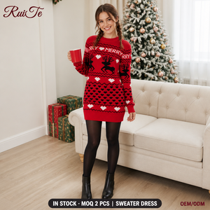 Robe <span class=keywords><strong>pull</strong></span> personnalisée en tricot Fair Isle motif cœur de renne rouge pour <span class=keywords><strong>femme</strong></span>, col rond, coupe oversize, manches longues, confortable, décontractée, chaude pour l'hiver - Product Image 1