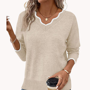 Suéter Casual de Otoño Invierno para Mujer, Suéter Minimalista Elegante de Color Sólido con Cuello de Encaje, Capa Base de Punto - Product Image 5