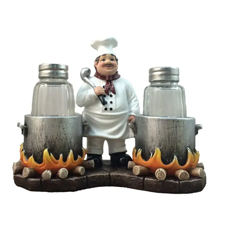 Standing French Chef with Flaming Pots Decorative Salt and Pepper Shaker Country Cottage And Gourmet Kitchen Decorative