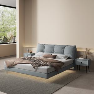 Lit Yisi moderne de luxe avec <span class=keywords><strong>dossier</strong></span> en cuir souple <span class=keywords><strong>suspendu</strong></span>, cadre en <span class=keywords><strong>bois</strong></span> massif, taille Queen/King, sommier en acier inoxydable - Product Image 4