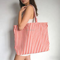 Sac fourre-tout en coton épais personnalisé rayé imprimé logo rouge blanc sac fourre-tout pliant fermeture éclair sac fourre-tout en toile avec de longues poignées Web