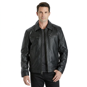 Chaqueta de Invierno para Hombre, de Cuero Genuino, Cortavientos, con Cierre, Cuello Alto, Estilo Biker, Cierre Frontal, Forro de Poliéster, 2026 - Product Image 1