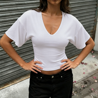 T-shirt essentiel à col en V pour femme, coupe slim décontractée d'été, manches courtes, tricoté avec impression numérique
