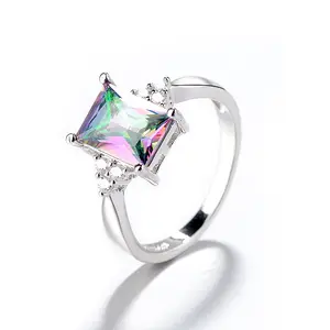 Princess Cut Mystic Rainbow Topaz Engagement Square Diamond Jewelry Birthday Proposal Gift Women's Silver Rings