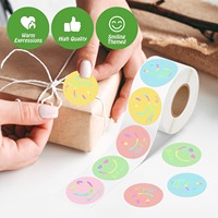 500 autocollants holographiques ronds en forme de visage souriant de dessin animé, rouleau de 1 pouce, imperméables, pour emballage cadeau, autocollants de remerciement