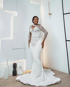 Abito da sposa pesante pieno di perle a manica lunga da sposa elegante abito da sposa con strascico a strascico Aso Ebi - Product Image 2