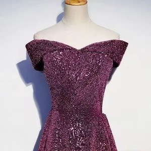 Purple Sequined Off The Shoulder Evening Gown Sheath Silhouette Natural Waistline Party Banquet Dress Women Spring - Product Image 2