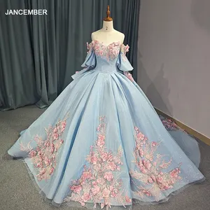 Eisblau handgefertigte Blumen Quinceanera-Kleider Spitzenblume Satin Hochzeitskleider Schatz Ballkleider 6751