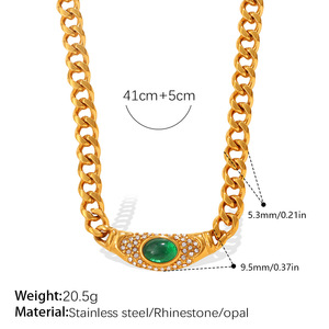Collier pendentif œil de chat en acier inoxydable plaqué or 18 carats, chaîne cubaine, pierre verte ovale, bijoux pour femmes - Product Image 3