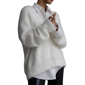 Cardigan en mohair duveteux pour femme, col en V, boutonné, manches longues, tricoté, ouvert sur le devant, style ample, pull décontracté d'hiver - Product Image 2