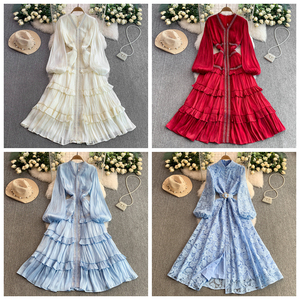 Vestido plisado de cuello redondo con corte en A, elegante y de lujo ligero, que estiliza la cintura, con <span class=keywords><strong>falda</strong></span> larga de gran vuelo, al por mayor. - Product Image 4