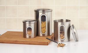 <b>Perspective</b> Can Food Snacks Carnisters, Kitchen Storage Jar Sets Stainless Steel Covered Glass Metal 2-3L - Product Image 1