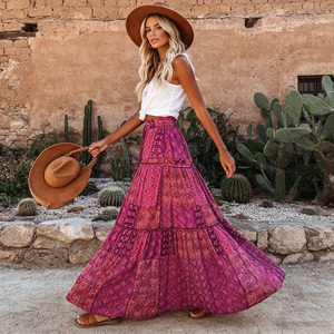 Women's Boho Maxi <b>Skirt</b> Tiered Ruffle Hem <b>Elastic</b> High <b>Waist</b> Patchwork Print Floor Length Summer <b>Skirt</b> - Product Image 3