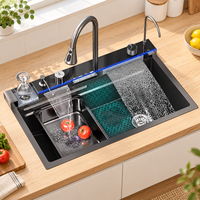 Évier de cuisine intelligent avec affichage numérique LED, robinet cascade, commande multifonction et cuve en acier inoxydable