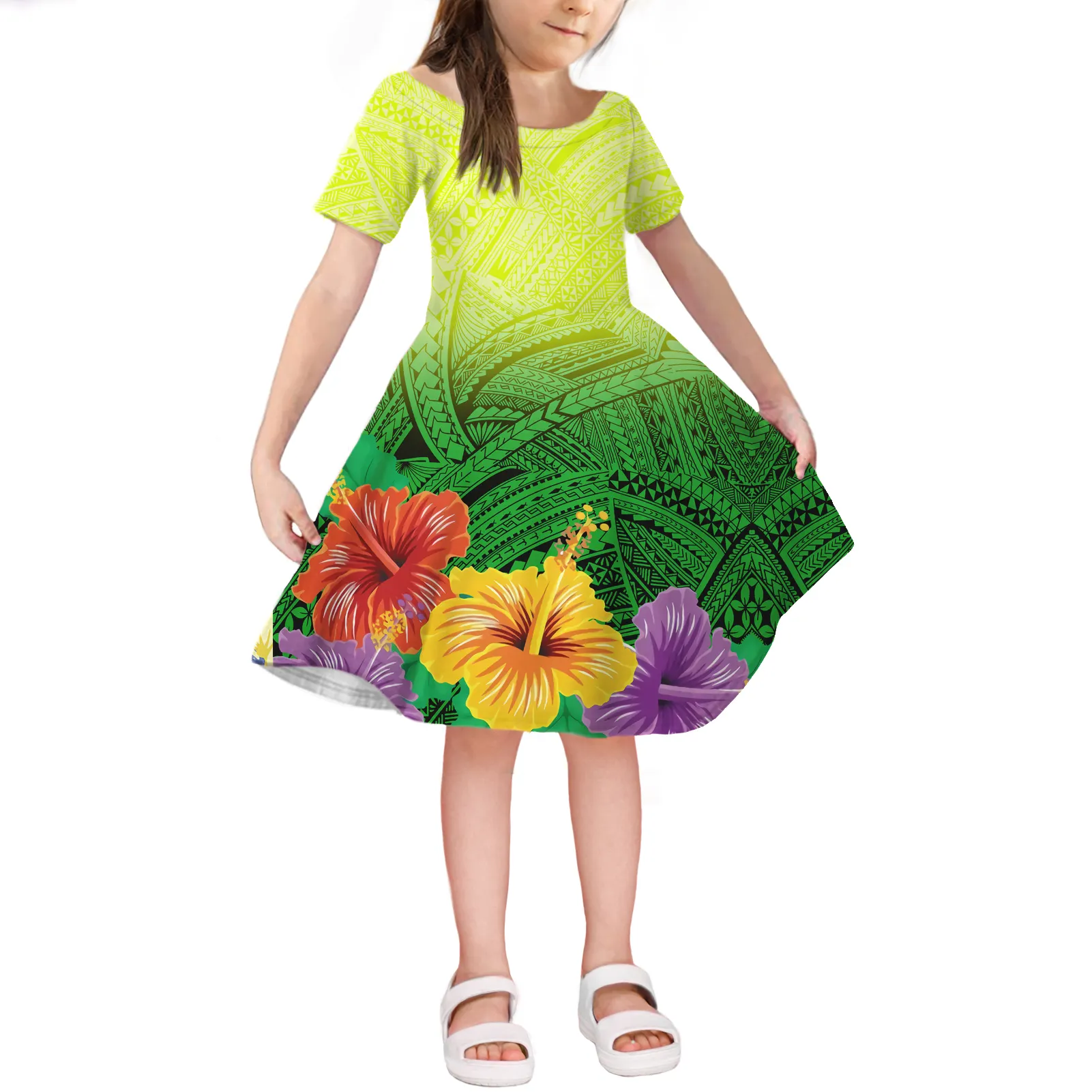 子供服卸売パーティーラスタカラーフラワーポリネシア部族の女の子のドレス小さな女の子の服カスタムカジュアルスカート