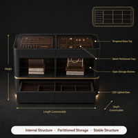 Meuble de rangement de luxe noir mat en acier inoxydable avec dessus en verre trempé et éclairage LED, idéal pour chambre à coucher – Vente directe usine