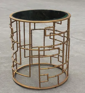 Metal Bamboo Design Vintage Mirrored Round End Table Mirrored Top Side Table