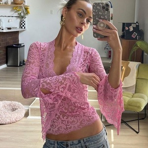 Top in <span class=keywords><strong>Pizzo</strong></span> a Maniche Lunghe <span class=keywords><strong>con</strong></span> Scollo Profondo a V, Aderente e Versatile, Stile Europeo e Americano, Sexy e Corto <span class=keywords><strong>con</strong></span> Ombelico Scoperto - Product Image 5