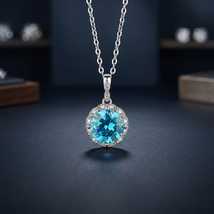 925 Sterling Silver Round <b>Blue</b> Moissanite Halo Pendant <b>Necklace</b> White Gold Plated Fine Jewelry for Women Gift - Product Image 4
