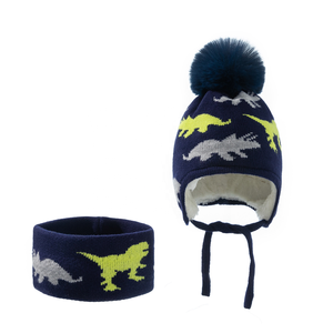 Vente en gros Hiver Mignon Dessin Animé Dinosaure <span class=keywords><strong>Jacquard</strong></span> Enfants Bonnet Cache-Cou Ensemble Doux Chaud Polaire Bonnet <span class=keywords><strong>Snood</strong></span> pour Enfants - Product Image 1
