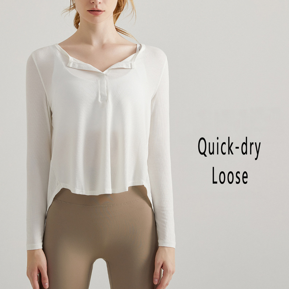 Premium Striped Yoga Long Sleeve Top Women Open Collar Loose Fit Gym Shirt Autumn Spring Breathable Running Workout Pullover