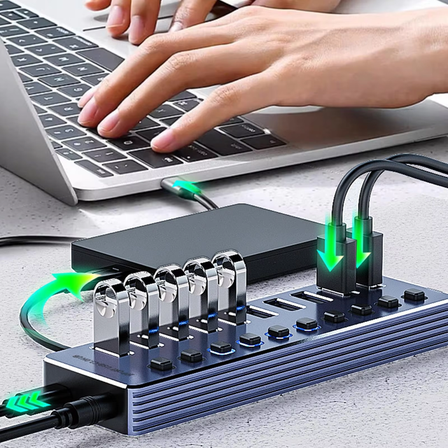 Manufacturer 7-port USB3.0 Hub Splitter Independent LED Switch Aluminum Alloy High-speed 5Gbps Data Transfer for Desktop Stock