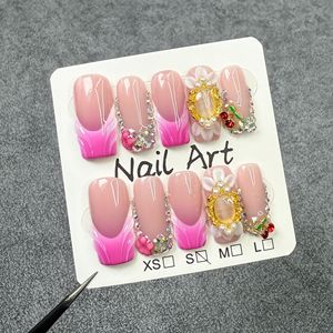 Sweet Purple <strong>Pink</strong> Gradient Press on <strong>Nails</strong> 3D Flower Rhinestone Medium Square Fake <strong>Nails</strong> Handmade Reusable False <strong>Nails</strong> for Women - Product Image 2