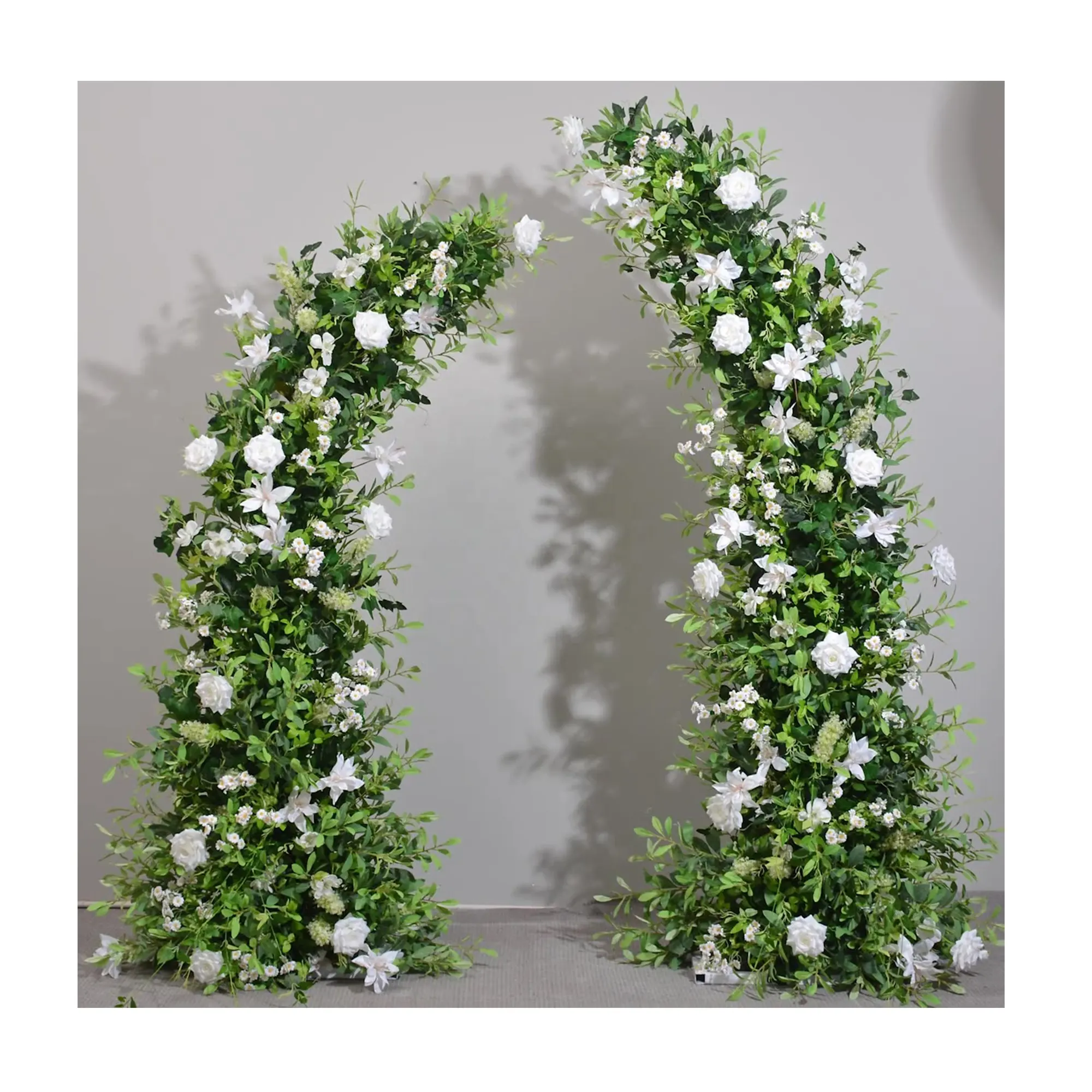 Wedding Event Floral Stand Backdrop Outdoor Artificial Green Grass Fake Plant Leaf Rose Flower Row Horn Arch For Wedding Decor