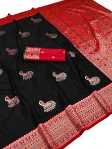 Lightweight Festival Wear Black Silk Saree With Peacock Embroidery <b>Red</b> Border And <b>Blouse</b> For Wedding And Festival Wear - Product Image 3
