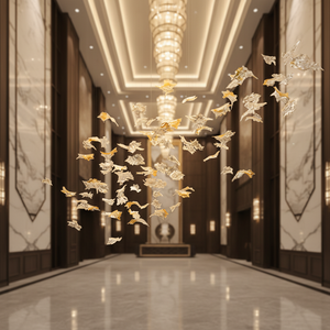 Lustre moderne de luxe en métal et verre avec LED blanc chaud en forme de feuilles pour plafonds hauts, salon/villa - Product Image 2