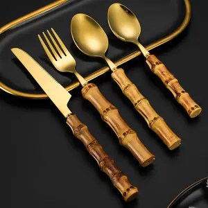 4 pcs Western Food Bamboo Handle Knife Fork Spoon Restaurant Steak Knife 304 Stainless Steel Set Of Knife Spoon And Fork