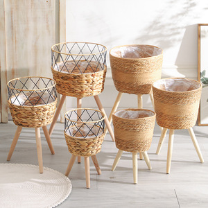 Support à fleurs haut en bois massif de style nordique, panier à fleurs en paille tressée, pot à Pothos en rotin pour la décoration du salon et du <span class=keywords><strong>balcon</strong></span> - Product Image 2