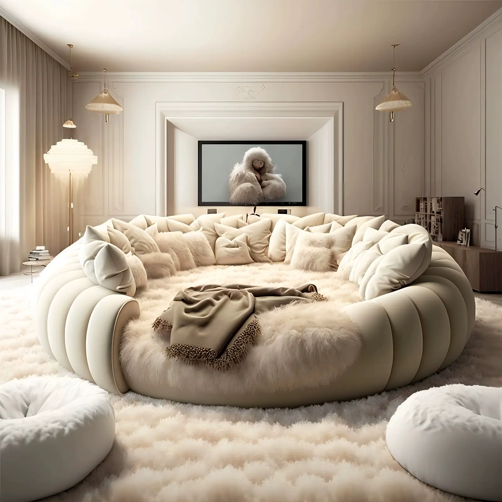 Супер Роскошная уютная индивидуальная белая Белая бархатная круглая кровать из натуральной кожи