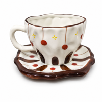 Ensemble tasse et soucoupe en céramique et porcelaine, motif à pois rétro peint à la main, bord ondulé texturé irrégulier, compatible lave-vaisselle et micro-ondes, réutilisable
