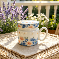 Mug en céramique à motif floral de 400 ml avec couvercle Mara, tasse à fleurs bleues en porcelaine, mug à café ou à thé