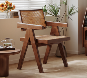 Chaise de salon moderne en bois avec assise et dossier en rotin, design mi-siècle, fabriquée à la main pour l'ameublement de la maison - Product Image 3
